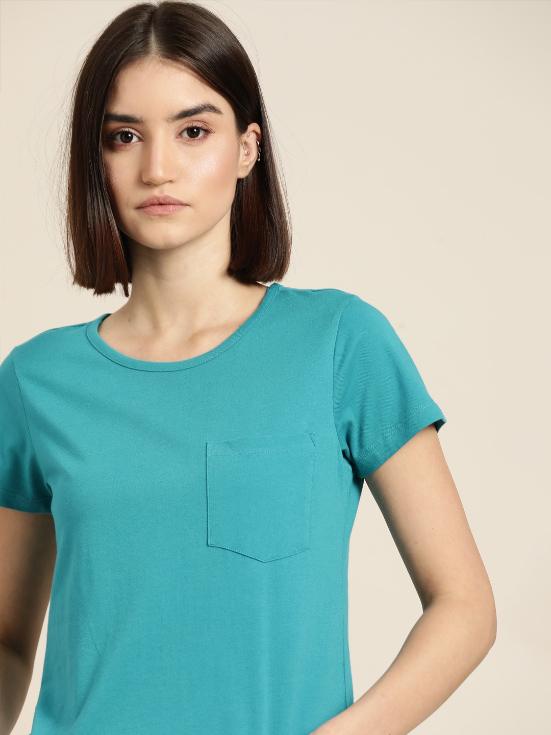 

ether Women Teal Blue Solid T-shirt