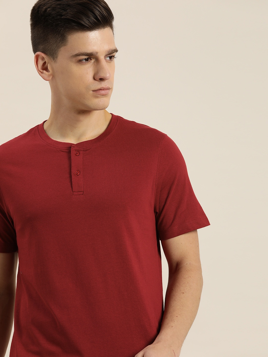 

ether Men Red Henley Neck Cotton Pure Cotton T-shirt