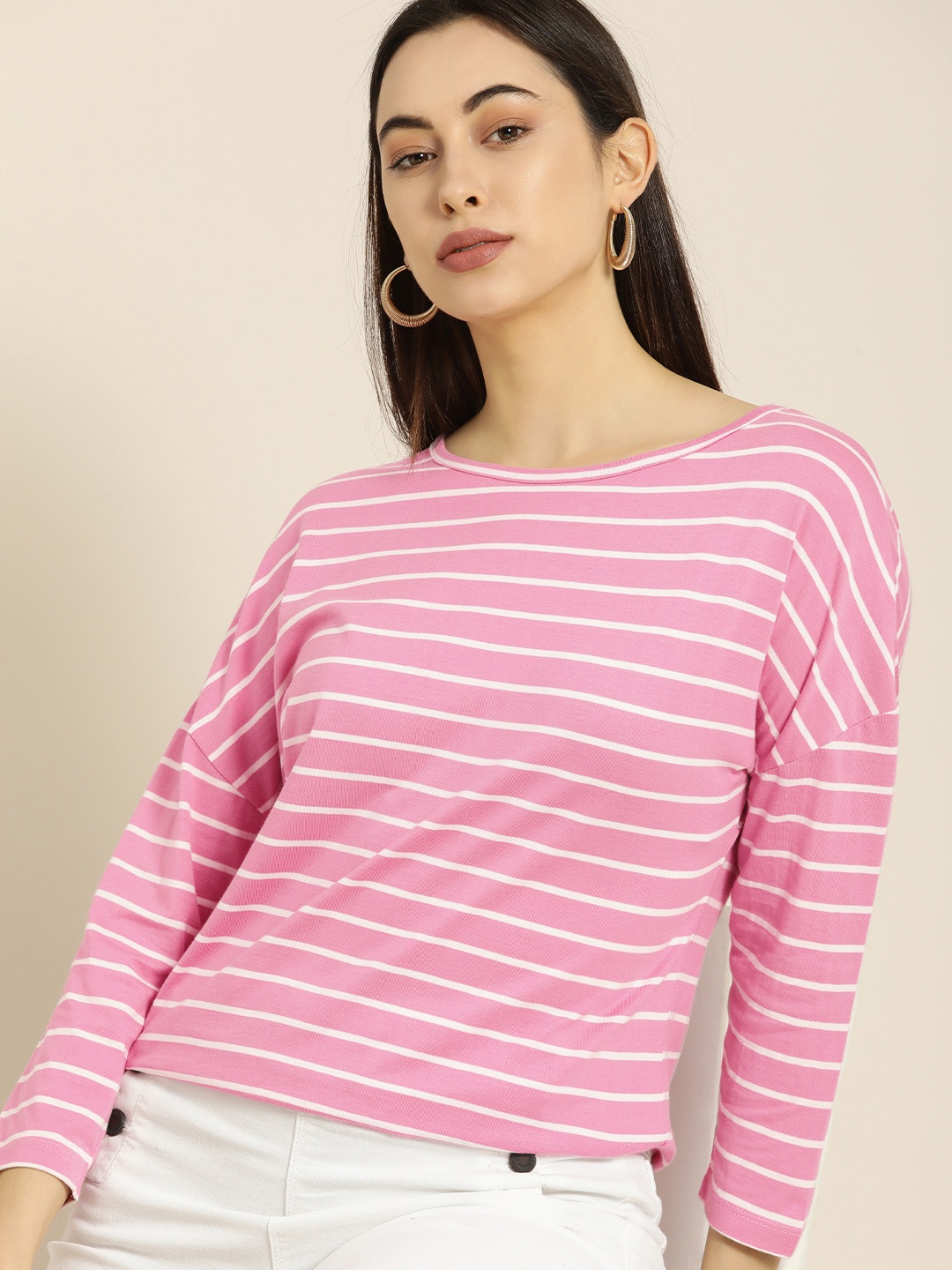 

ether Women Pink & White Striped Drop-Shoulder Sleeves T-shirt