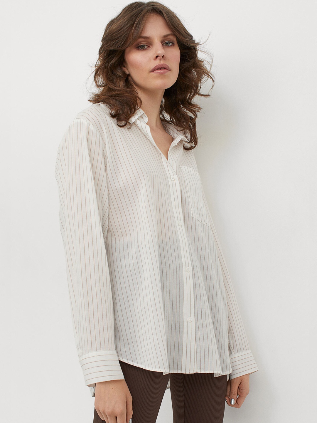 

H&M Women White & Brown Striped Oversized Cotton Shirt