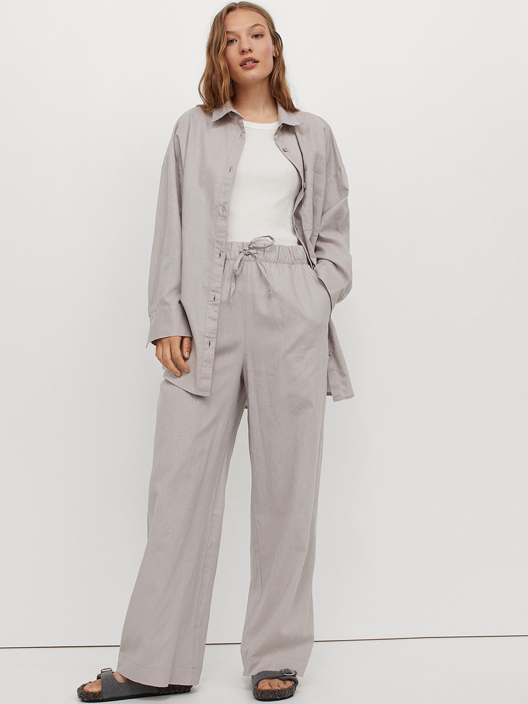 

H&M Women Grey Linen-Blend Pyjama Bottoms
