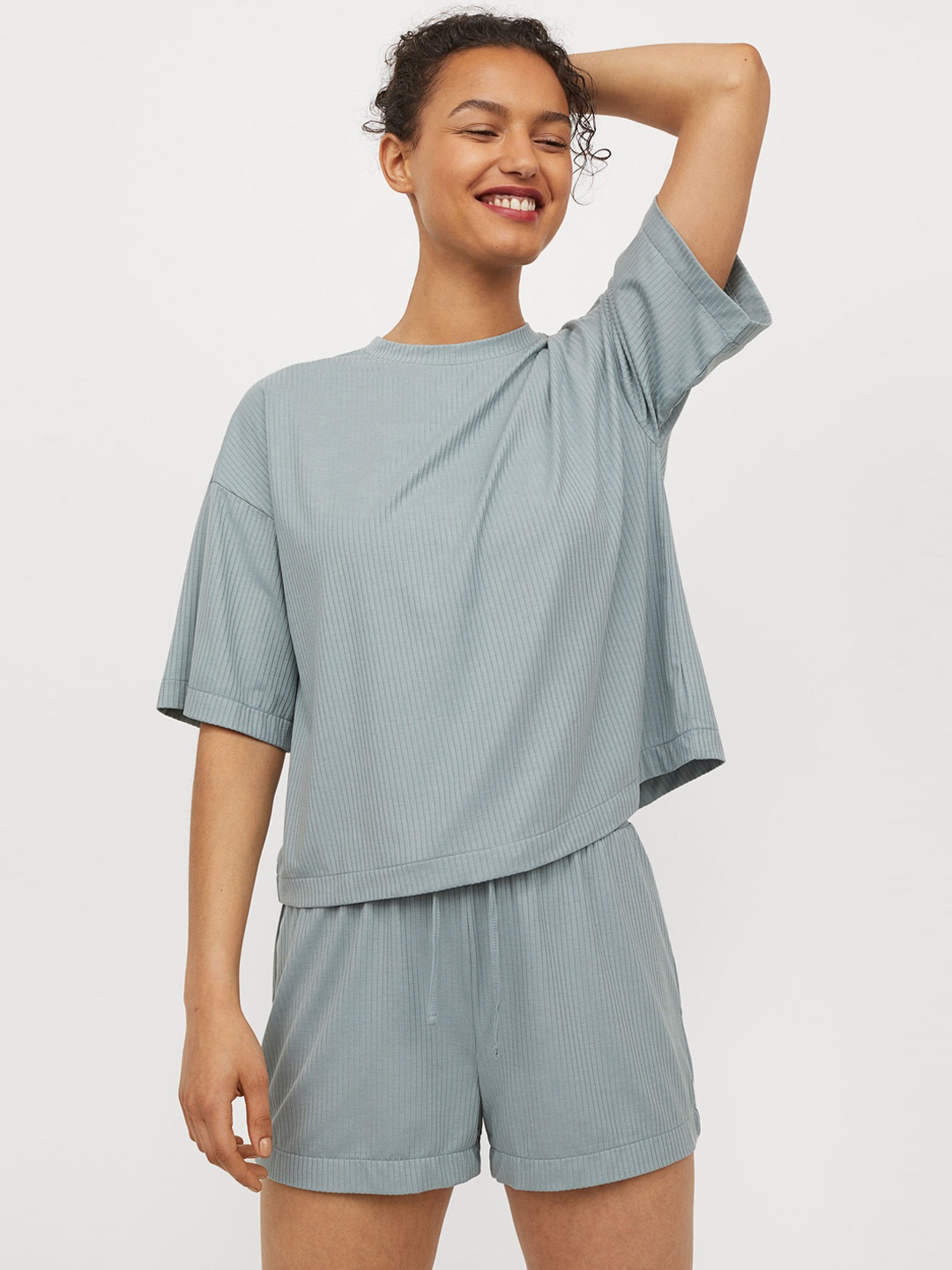 

H&M Women Turquoise Blue Solid Ribbed Pyjamas