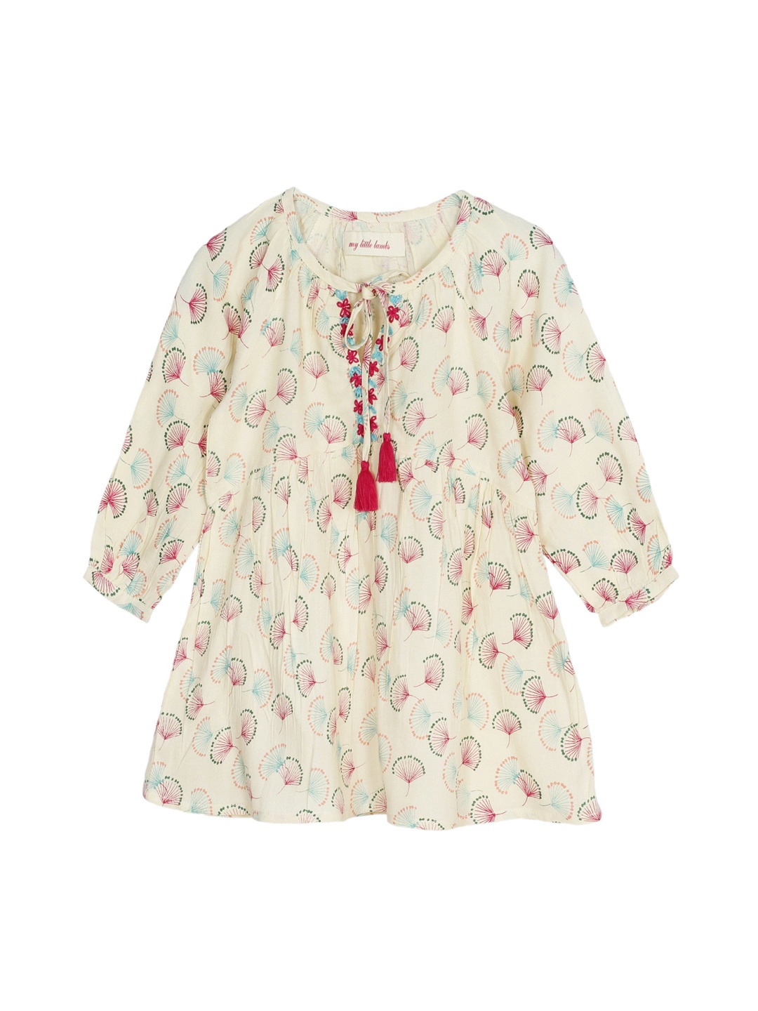 

My Little Lambs Girls Beige and Red Conversational Printed A-Line Dress