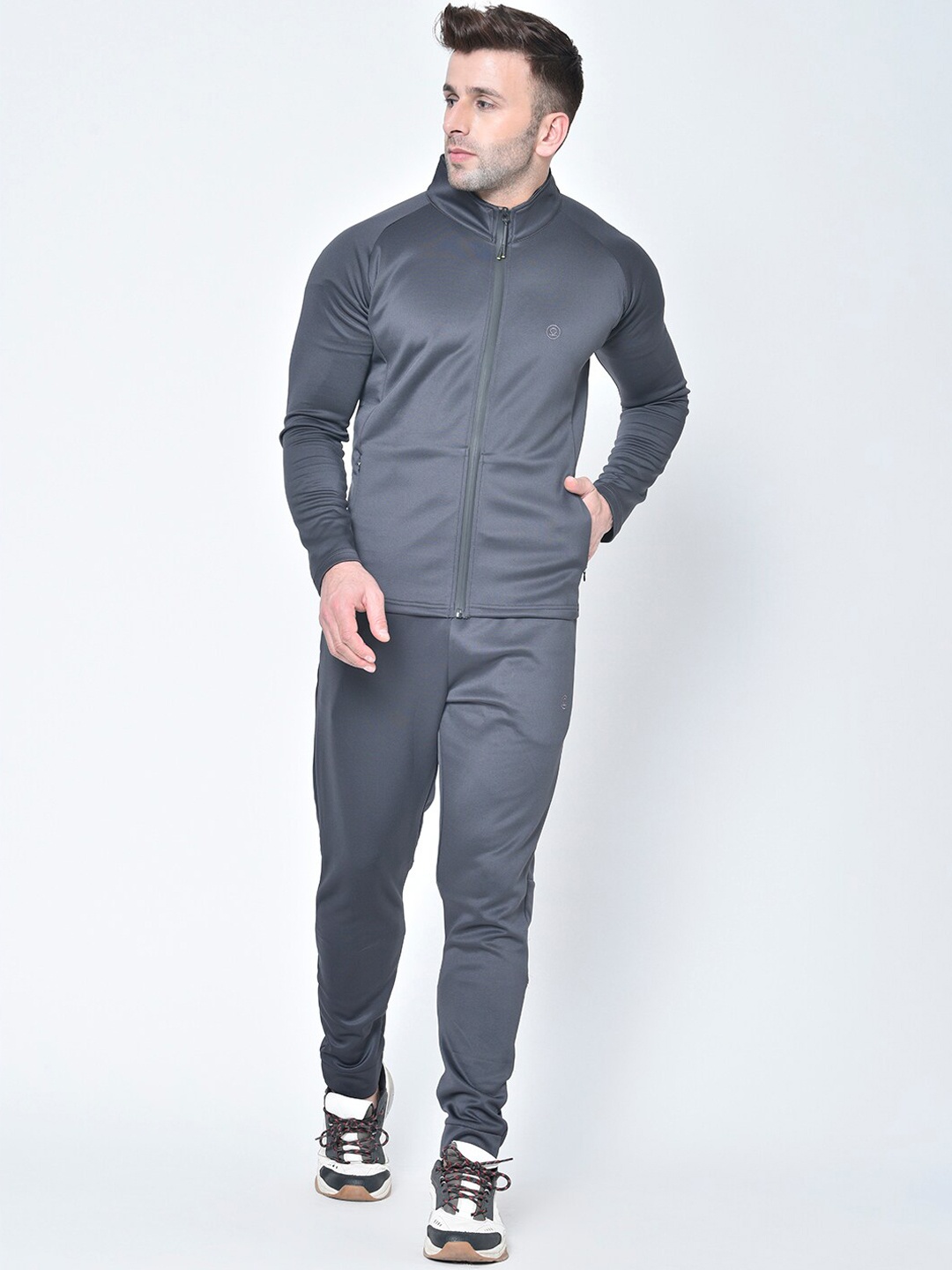 

Chkokko Men Grey Solid Sports Tracksuit