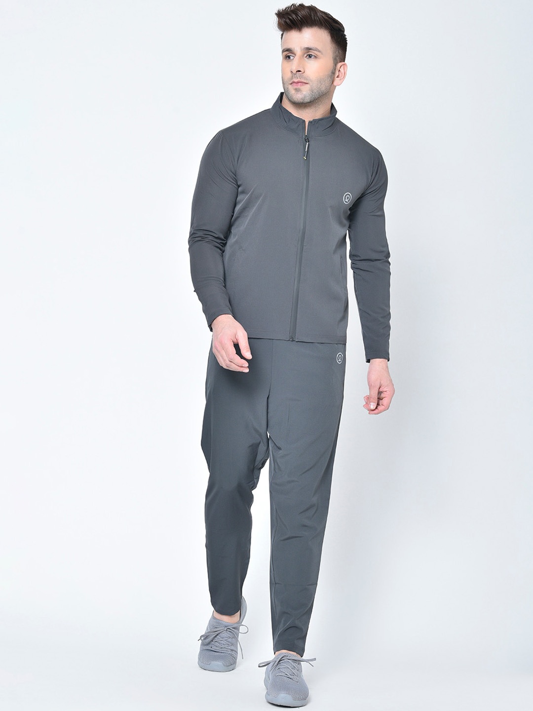 

CHKOKKO Men Grey Solid Sports Tracksuit
