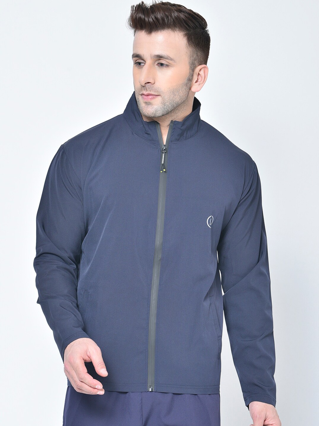 

Chkokko Men Navy Blue Solid Mock Collar Gym Sporty Jacket