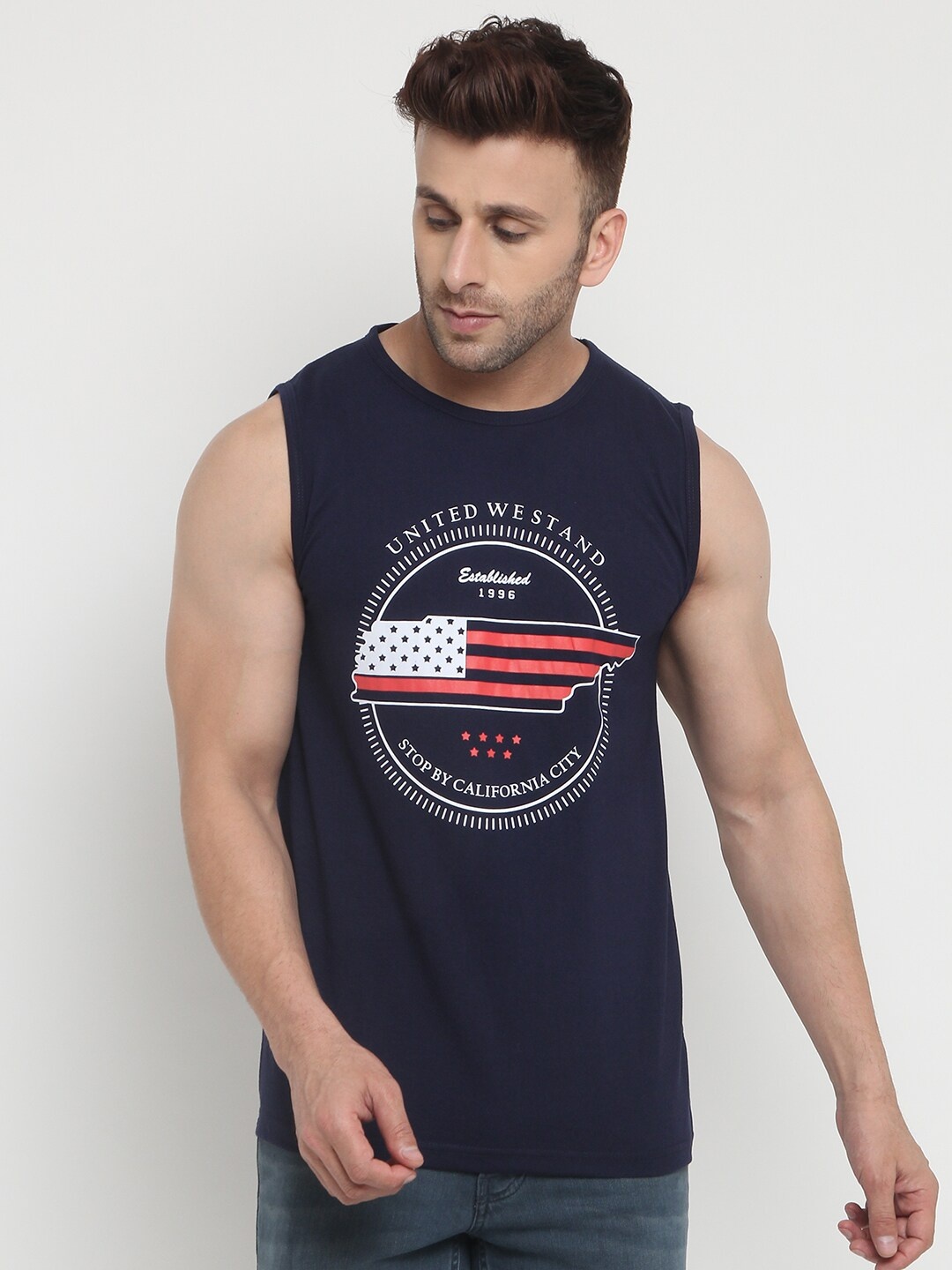 

Chkokko Men Navy Blue and White Sleeveless Dry Fit Gym Sports T-shirt
