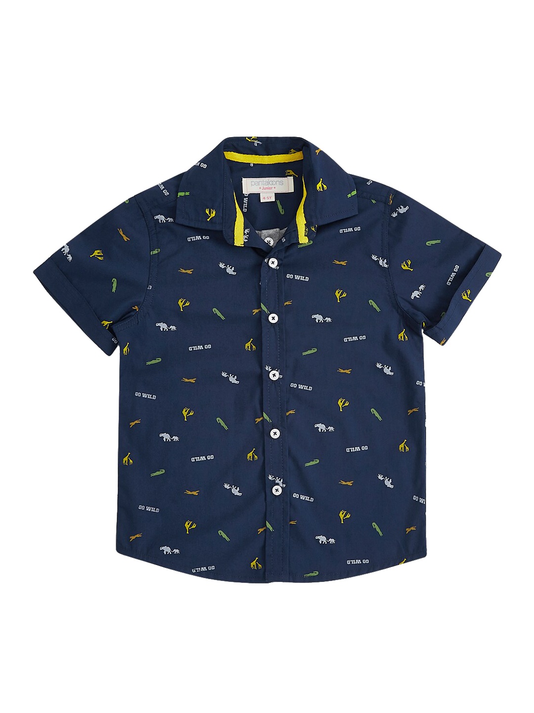 

Pantaloons Junior Boys Navy Blue and Yellow Conversational Printed Cotton Casual Shirt