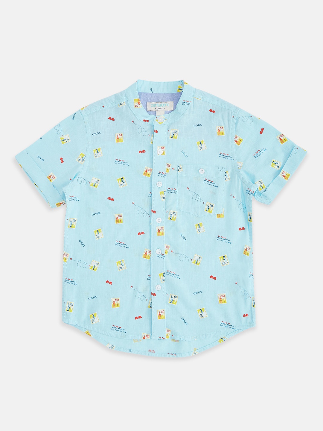 

Pantaloons Junior Boys Blue and Yellow Conversational Printed Cotton Casual Shirt