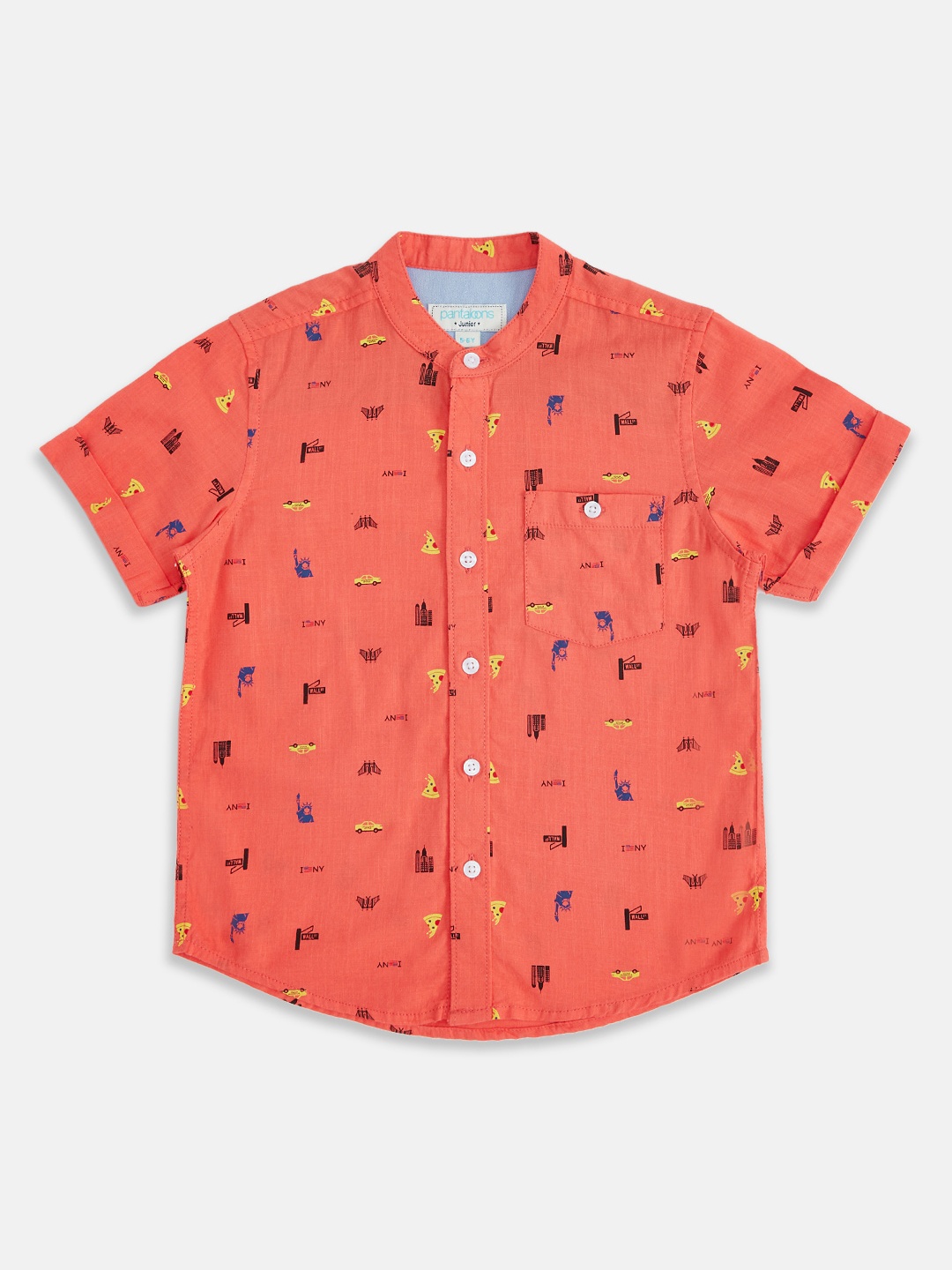 

Pantaloons Junior Boys Coral and Yellow Conversational Printed Cotton Casual Shirt