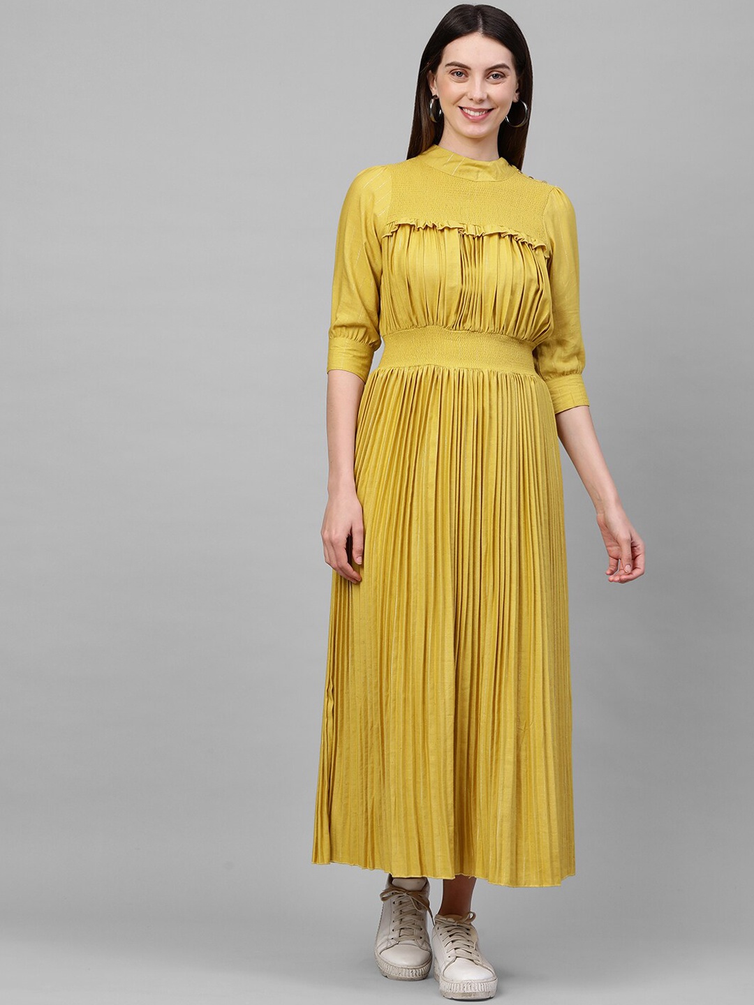 

FASHOR Women Mustard Yellow Accordian Pleated Smocked Maxi Dress