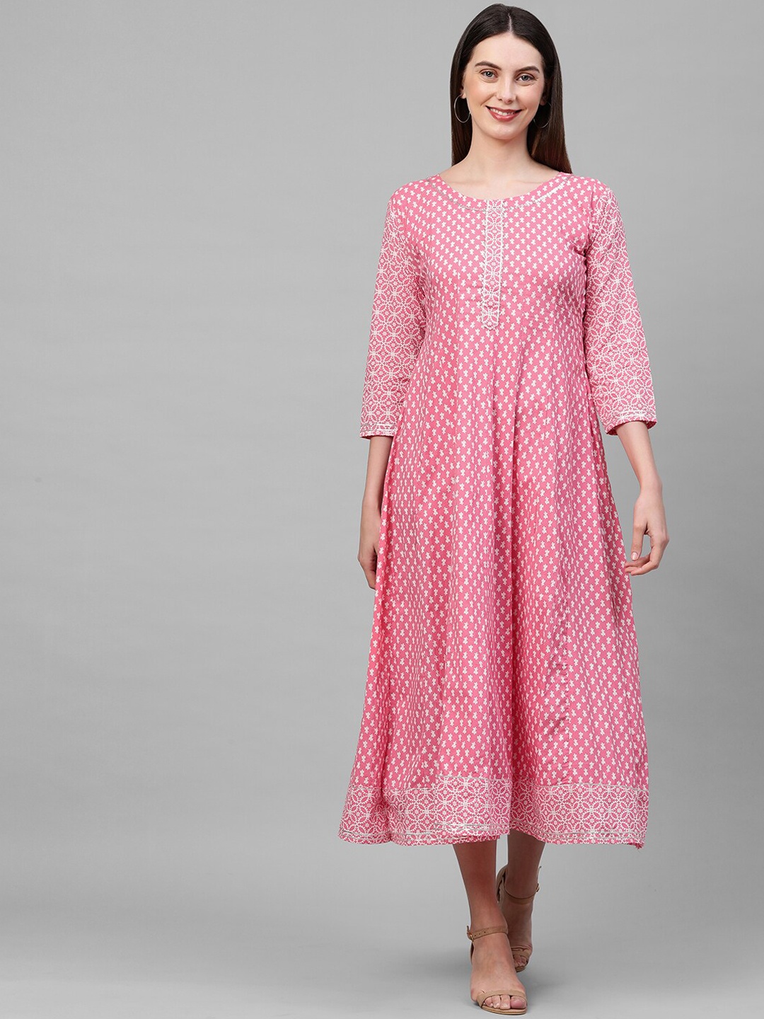 

FASHOR Women Pink & White Printed A-Line Midi Dress