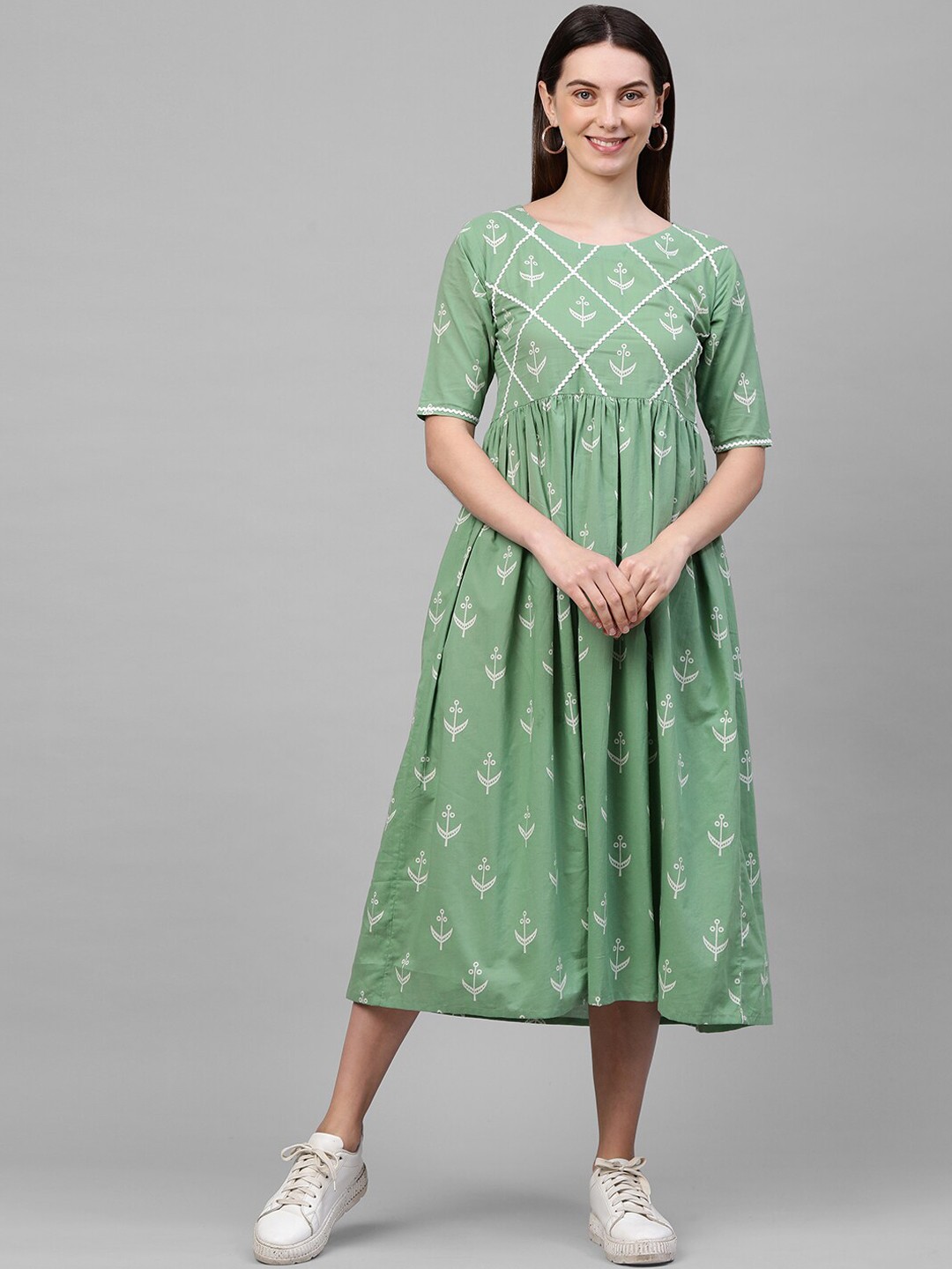 

FASHOR Women Green Ethnic Motifs A-Line Midi Dress