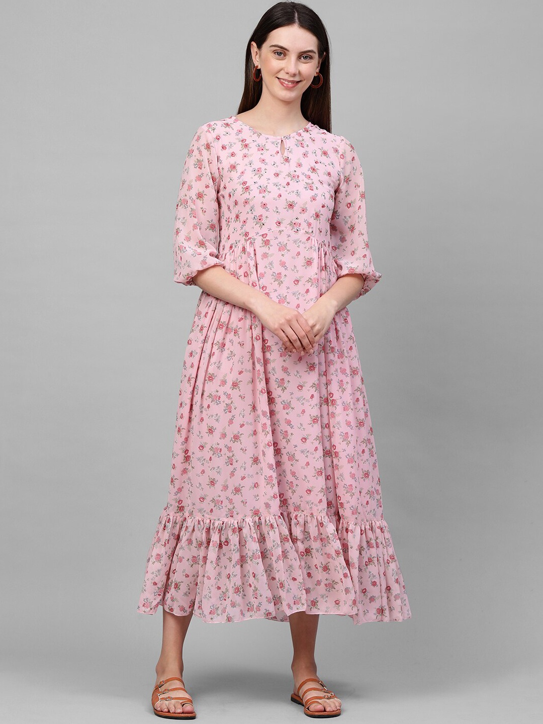 

FASHOR Women Pink Floral Keyhole Neck Midi Dress
