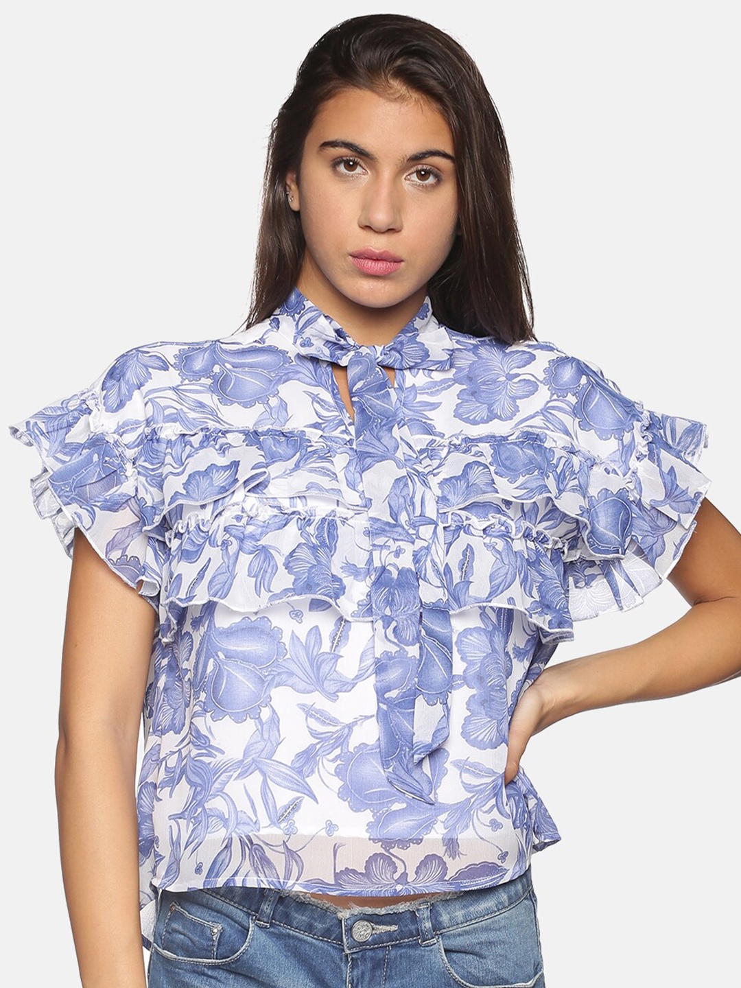 

BEVERLY BLUES Blue Floral Flutter Sleeve Georgette Shirt Style Top