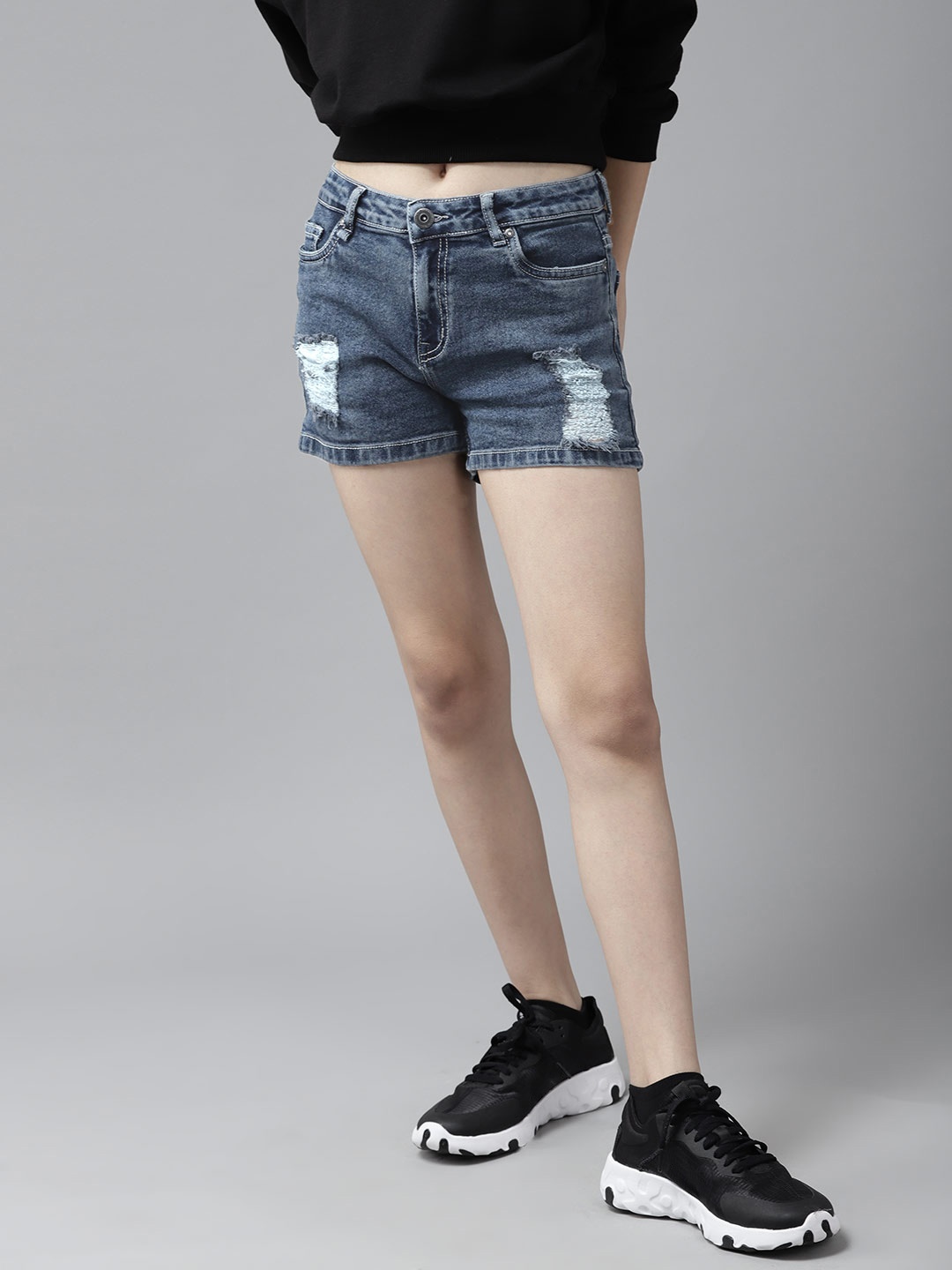 

UTH by Roadster Girls Navy Blue Washed Distressed Denim Shorts