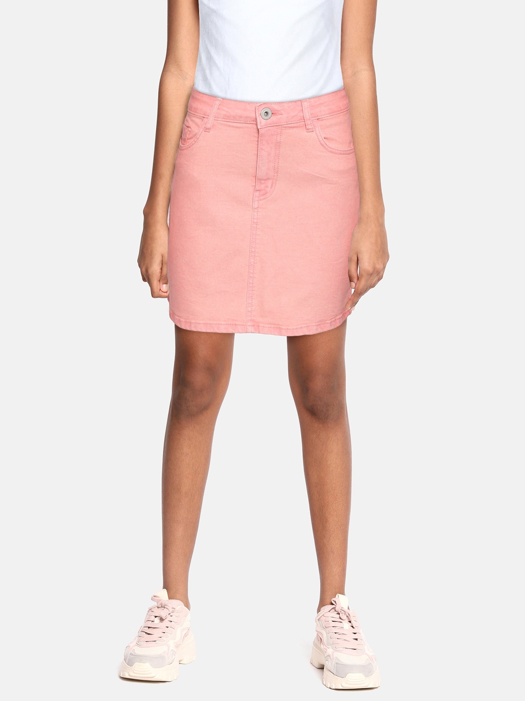 

UTH by Roadster Girls Coral Pink Solid Mini Straight Denim Skirt