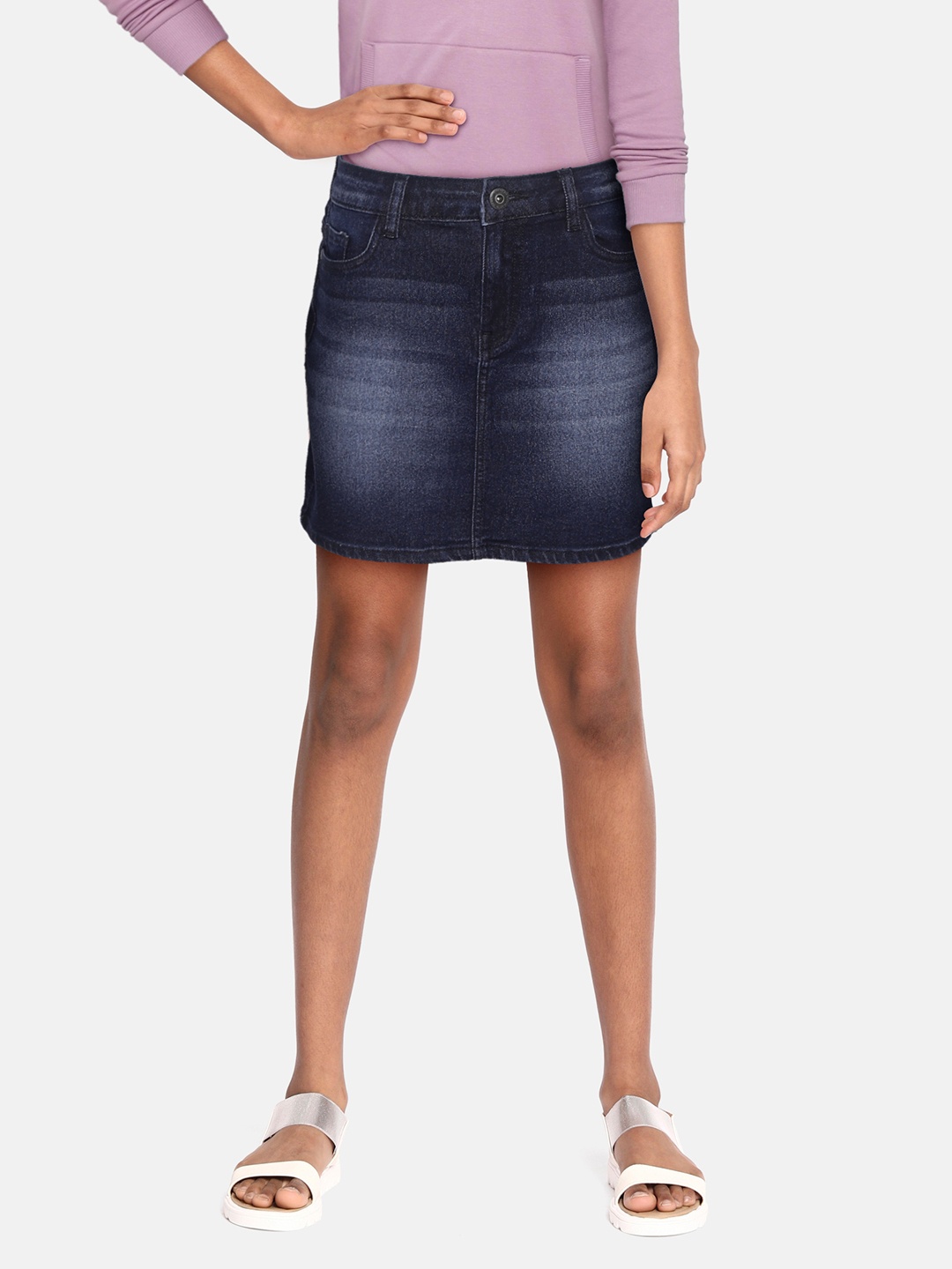 

UTH by Roadster Girls Navy Blue Washed Straight Denim Skirt