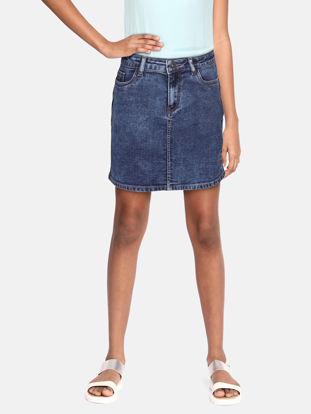 

UTH by Roadster Girls Navy Blue Washed Straight Denim Skirt