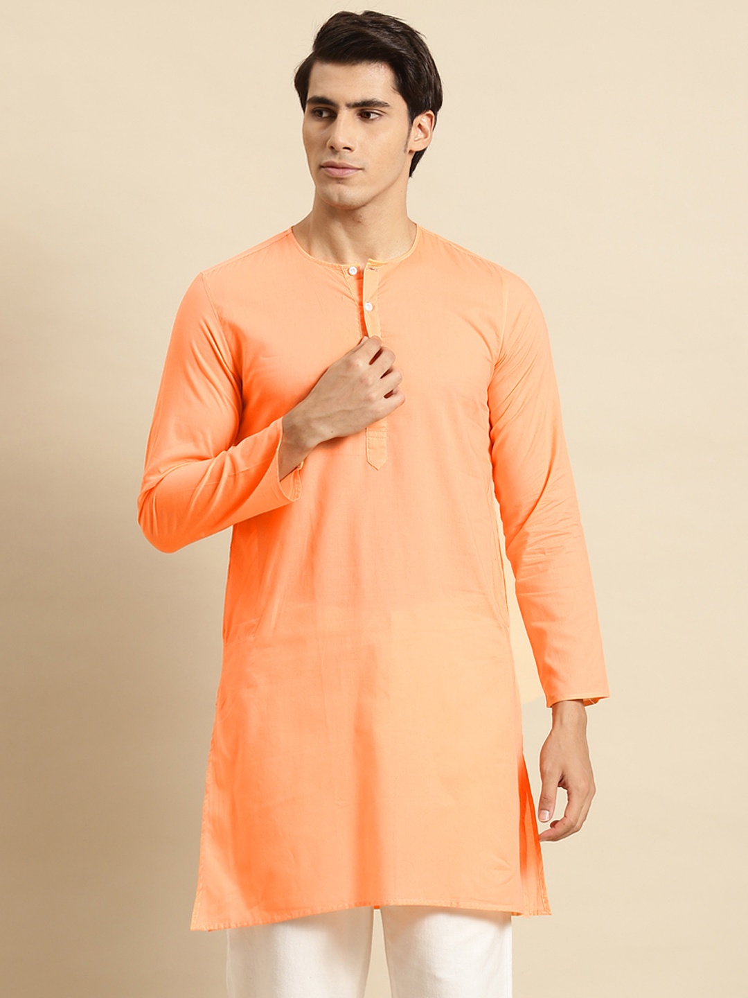 

RAJUBHAI HARGOVINDAS Men Orange Pure Cotton Pastels Kurta