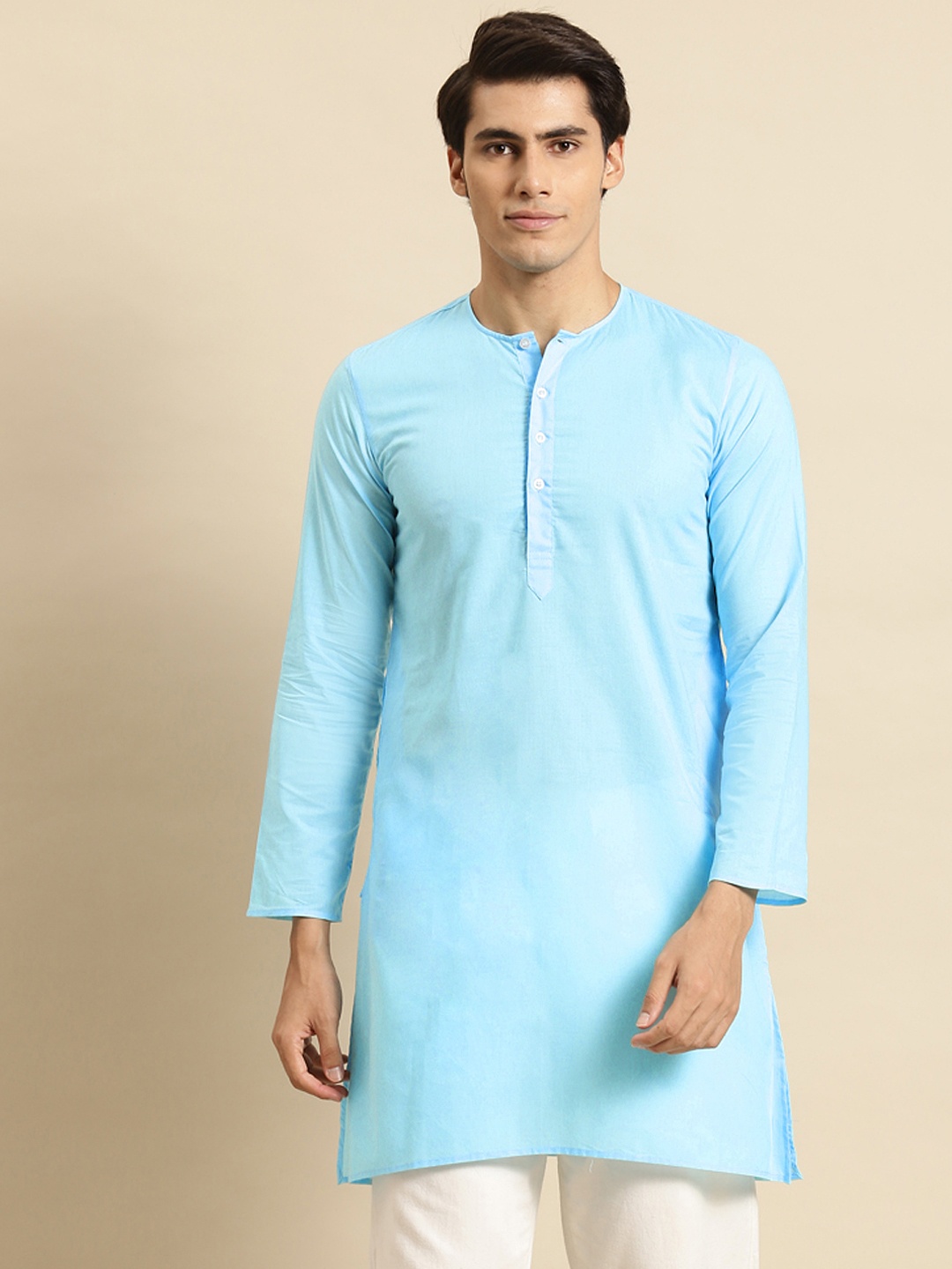 

RAJUBHAI HARGOVINDAS Men Blue Solid Pure Cotton Straight Kurta