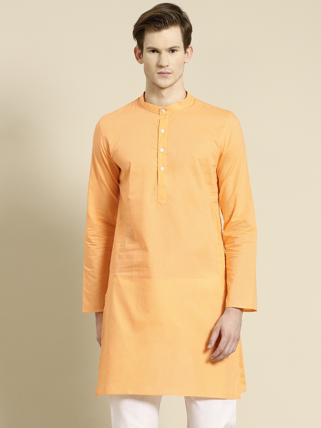 

RAJUBHAI HARGOVINDAS Men Orange Solid Cotton Straight Kurta