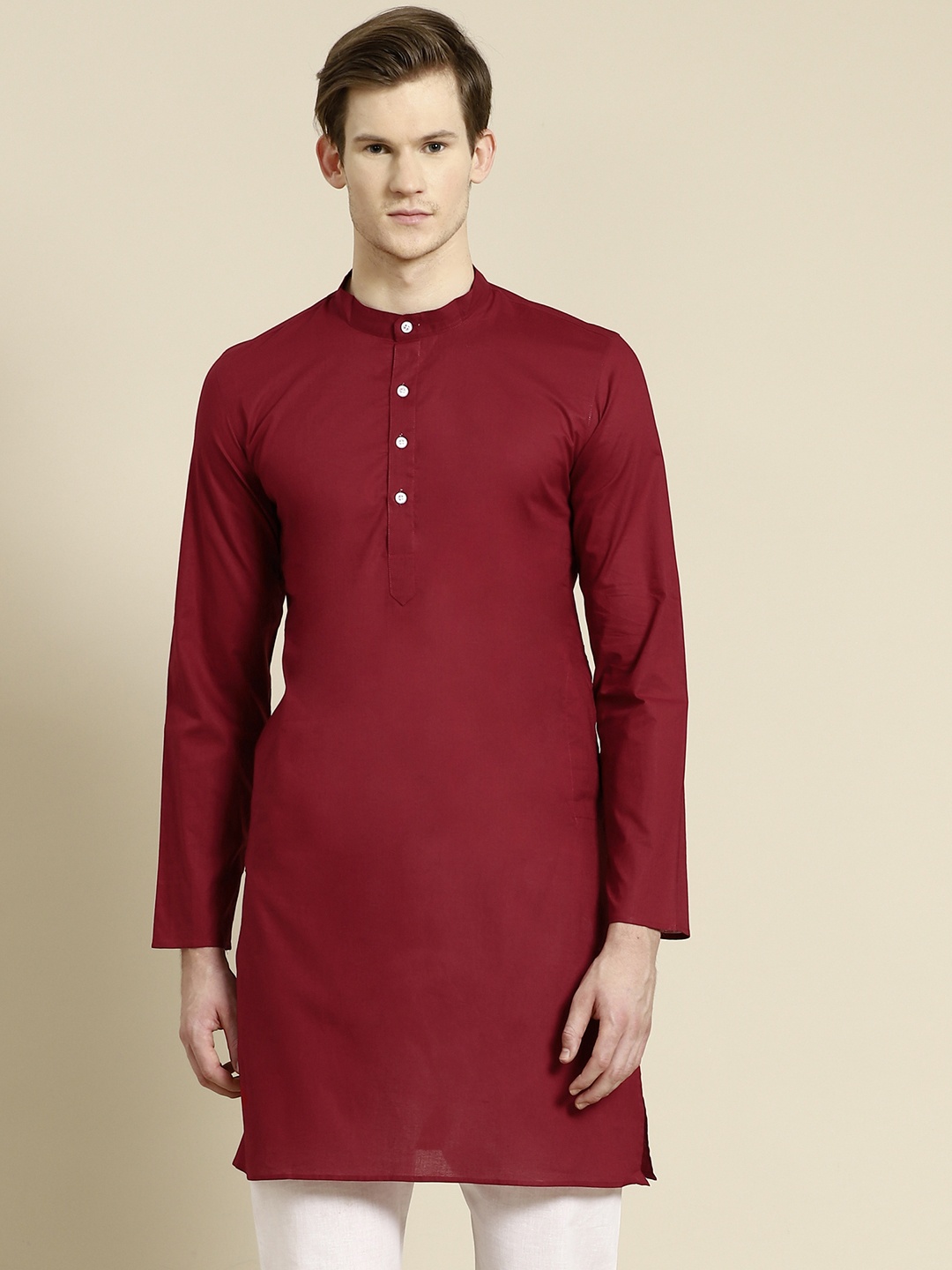 

RAJUBHAI HARGOVINDAS Men Red Solid Cotton Straight Kurta