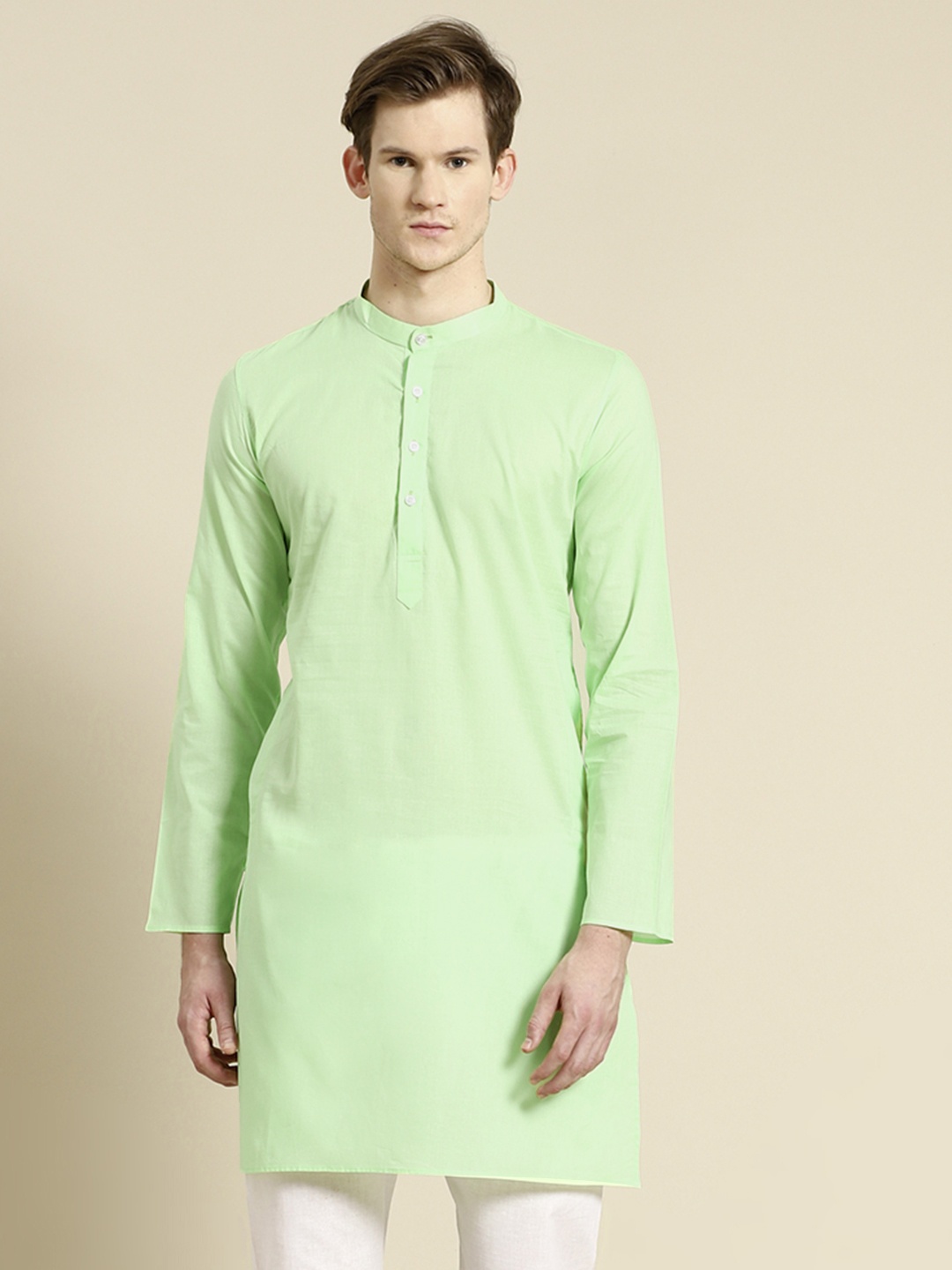 

RAJUBHAI HARGOVINDAS Men Green Solid Cotton Straight Kurta