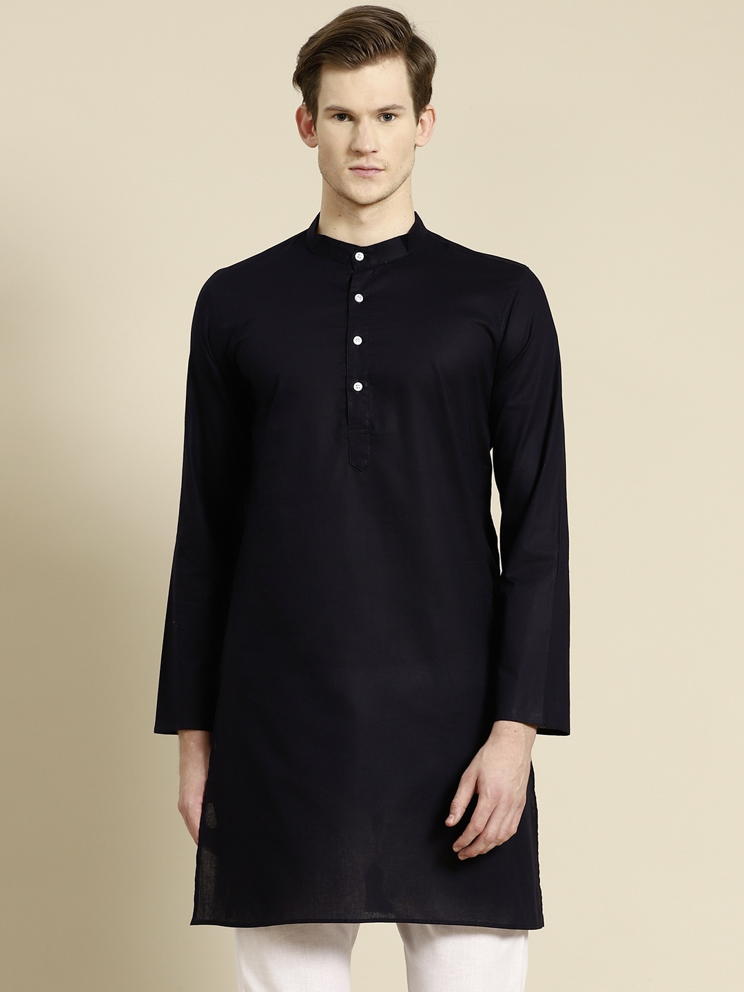 

RAJUBHAI HARGOVINDAS Men Navy Blue Solid Cotton Straight Kurta