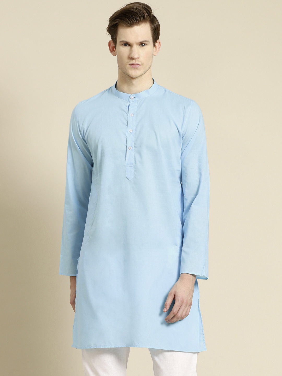 

RAJUBHAI HARGOVINDAS Men Blue Solid Cotton Straight Kurta