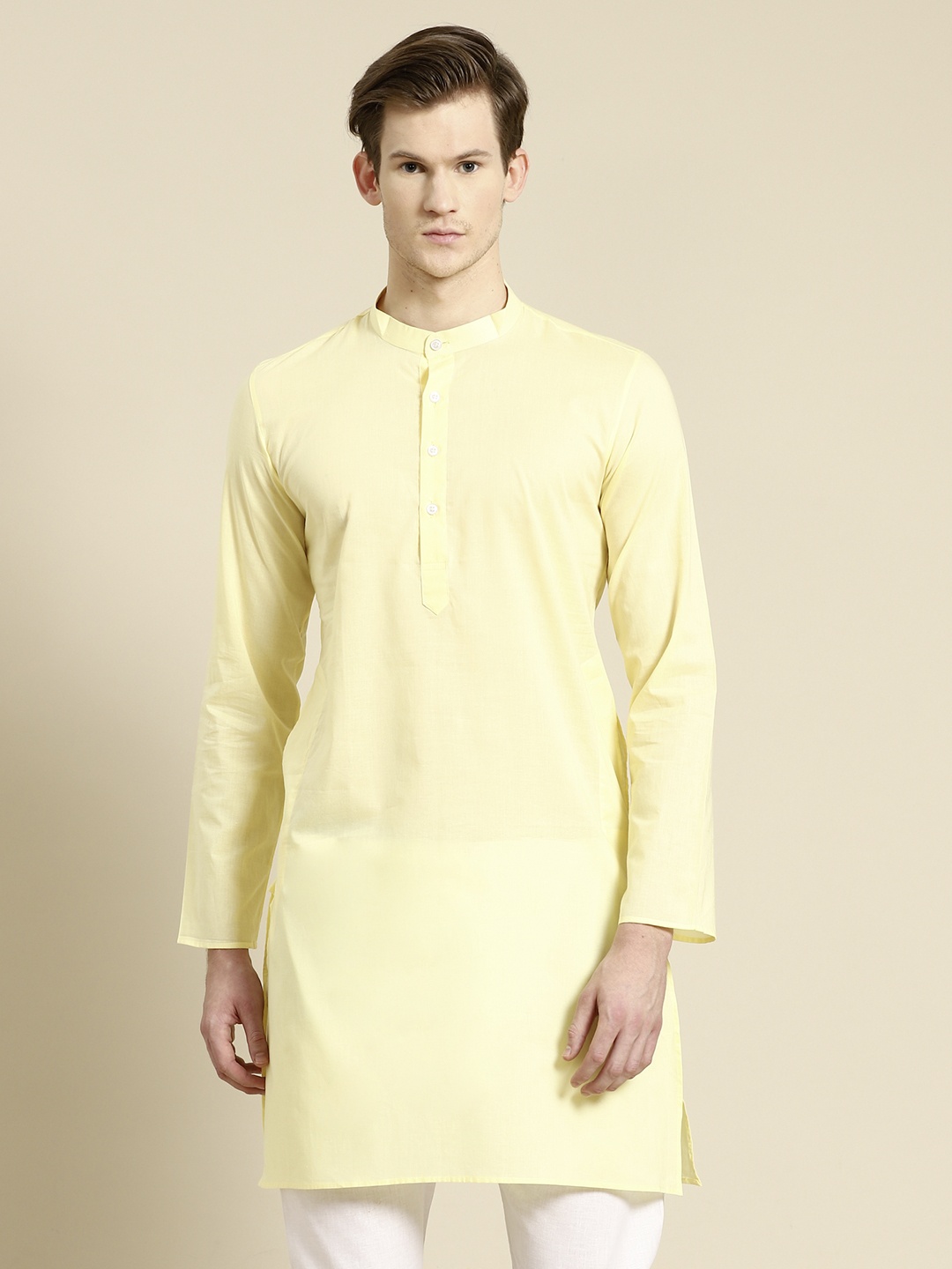 

RAJUBHAI HARGOVINDAS Men Yellow Solid Cotton Straight Kurta