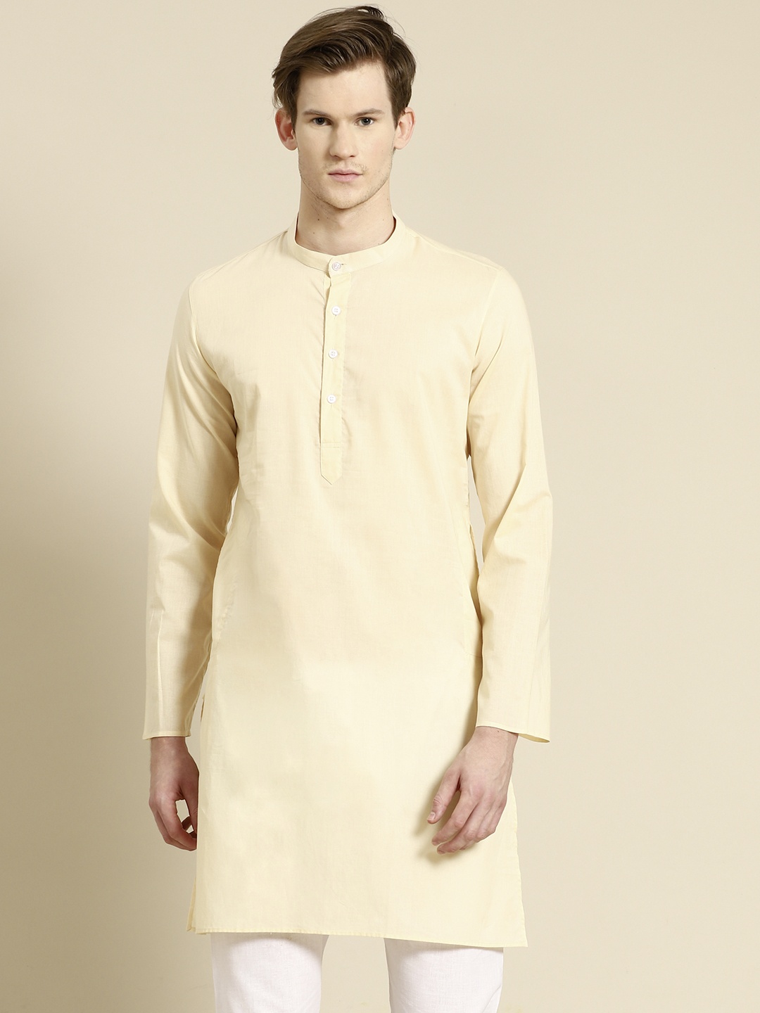 

RAJUBHAI HARGOVINDAS Men Cream-Coloured Solid Cotton Straight Kurta