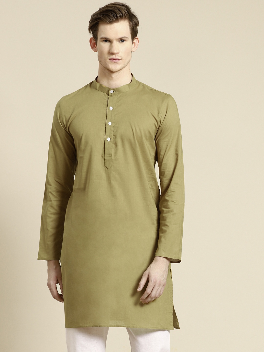 

RAJUBHAI HARGOVINDAS Men Olive Green Solid Cotton Straight Kurta