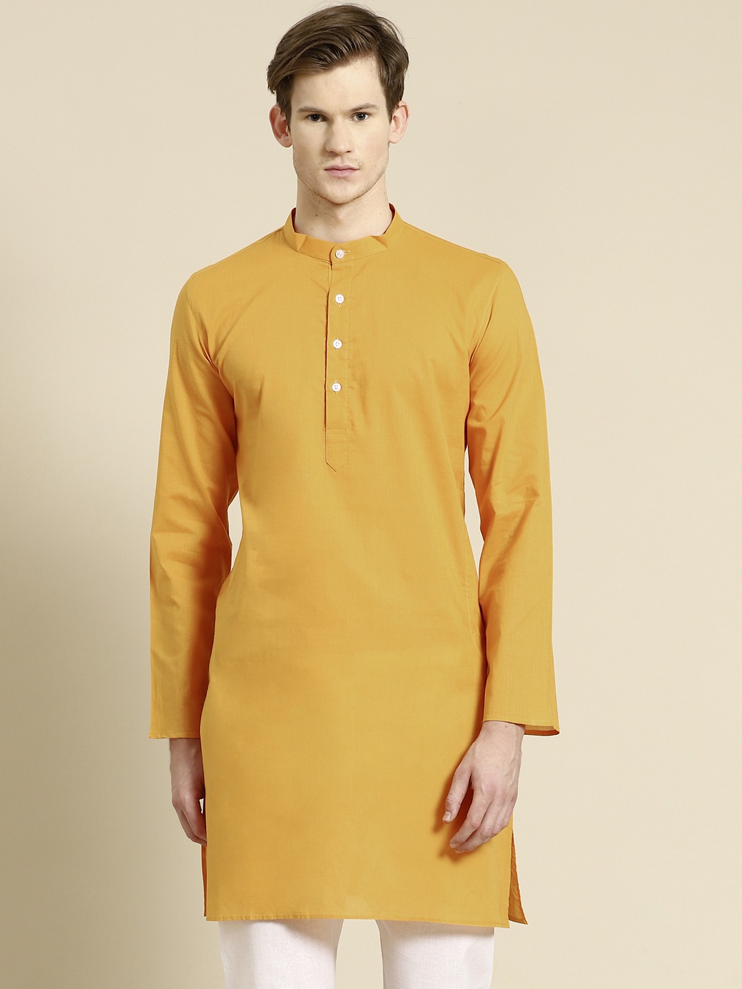 

RAJUBHAI HARGOVINDAS Men Mustard Yellow Solid Cotton Straight Kurta