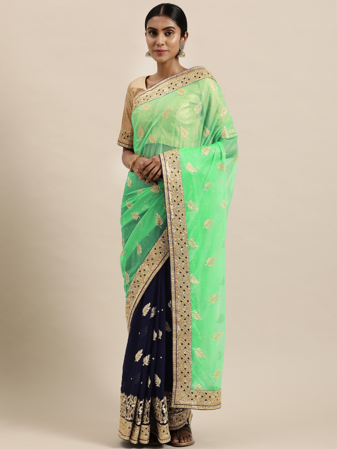 

Kvsfab Green & Gold-Toned Floral Beads and Stones Net Half and Half Saree