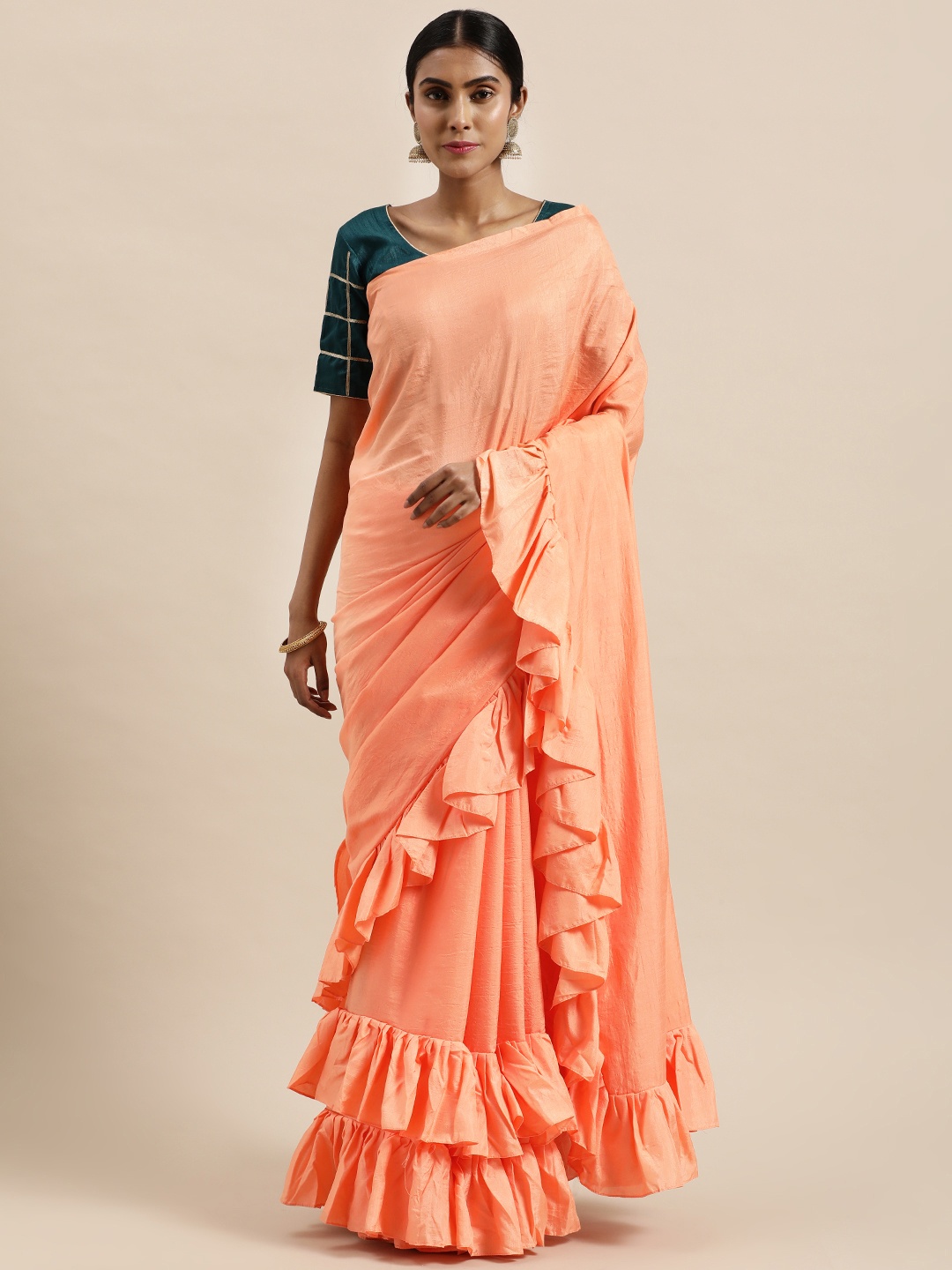 

Kvsfab Orange Dola Silk Ruffle Saree