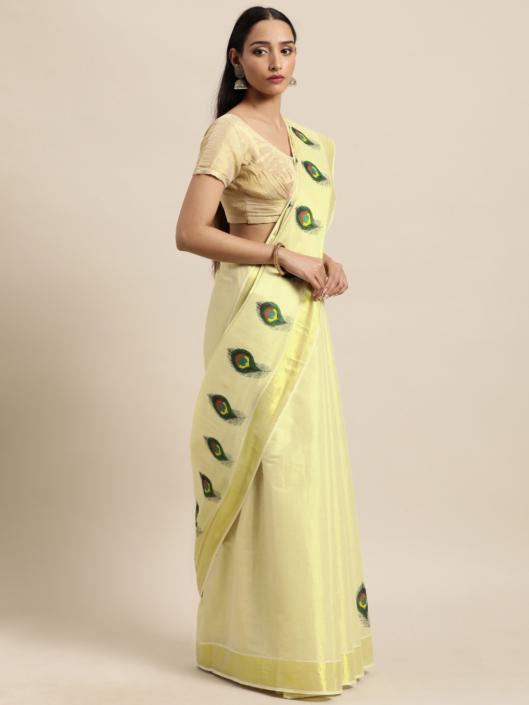 

Thara Saree Cream Ethnic Motifs Pure Cotton Kasavu Sarees