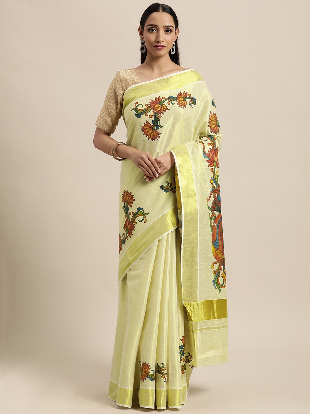 

Thara Saree Cream Ethnic Motifs Pure Cotton Kasavu Sarees