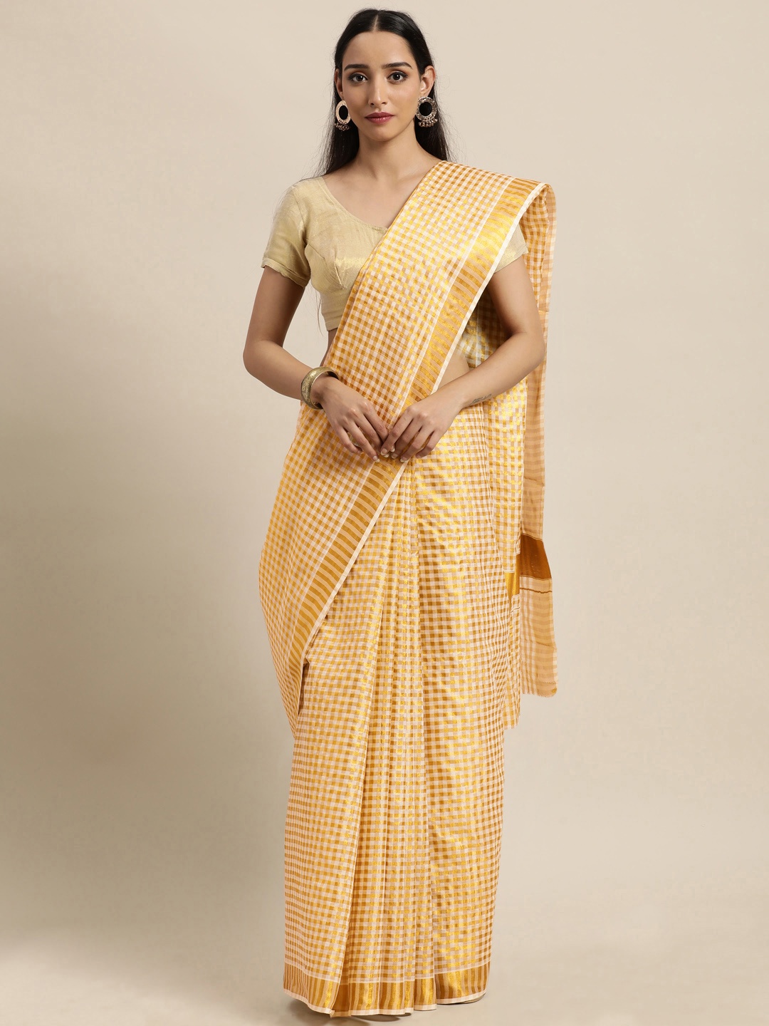

Thara Saree Off White & Golden Checked Pure Cotton Kasavu Sarees