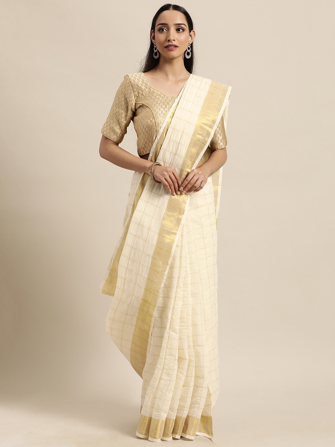 

Thara Saree Off White & Golden Checked Pure Cotton Kasavu Sarees