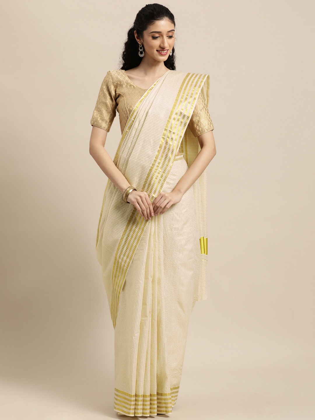 

Thara Saree Off White Striped Pure Cotton Kasavu Sarees