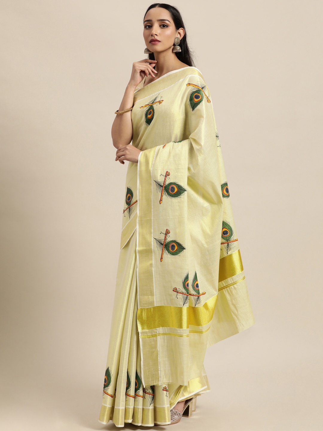 

Thara Saree Cream-Coloured Ethnic Motifs Pure Cotton Kasavu Sarees