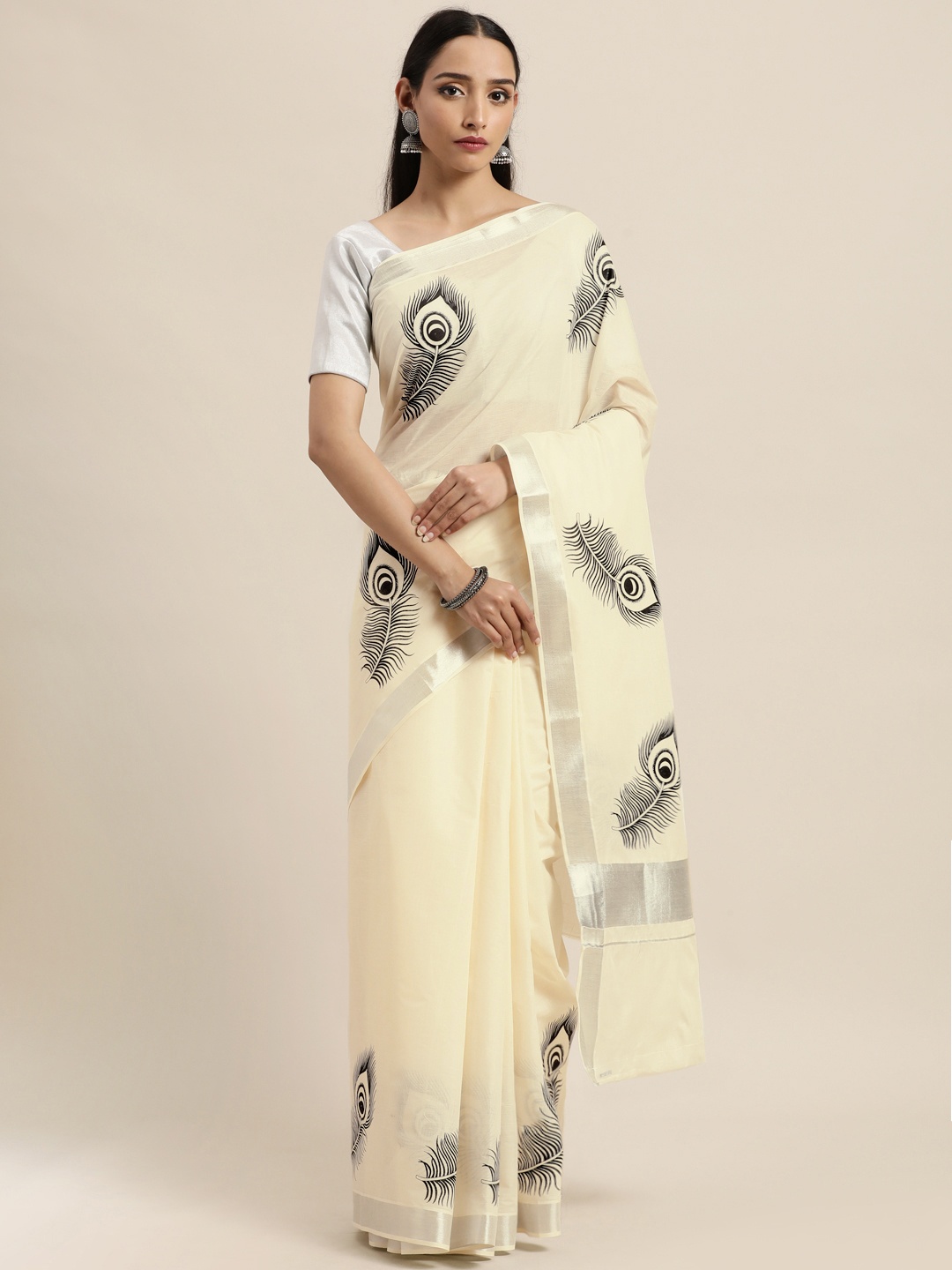 

Thara Saree Off White Ethnic Motifs Pure Cotton Kasavu Sarees
