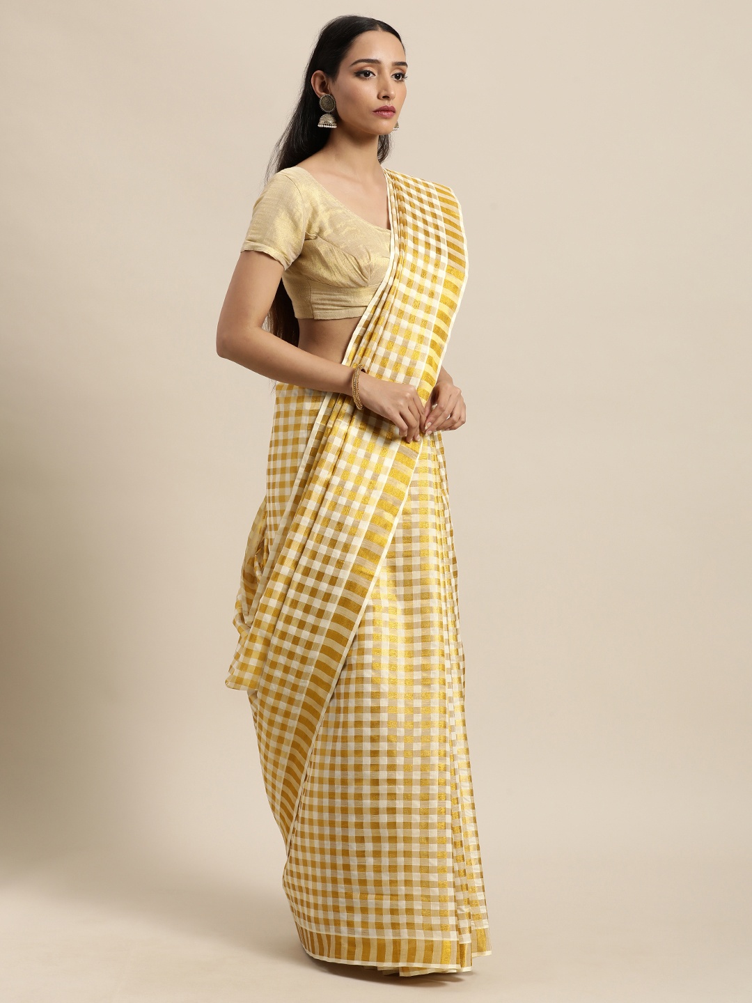 

Thara Saree Off White & Golden Checked Pure Cotton Kasavu Sarees