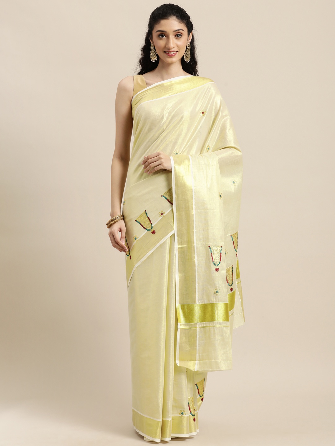 

Thara Saree Cream-Coloured Ethnic Motifs Pure Cotton Kasavu Sarees