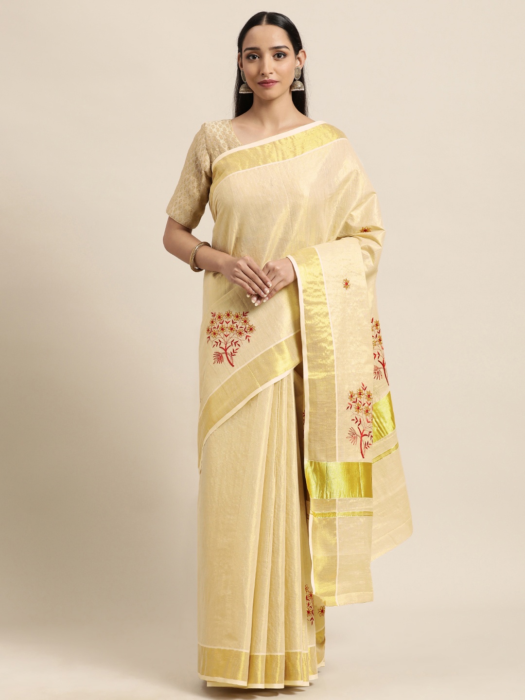 

Thara Saree Cream-Coloured Floral Pure Cotton Kasavu Sarees