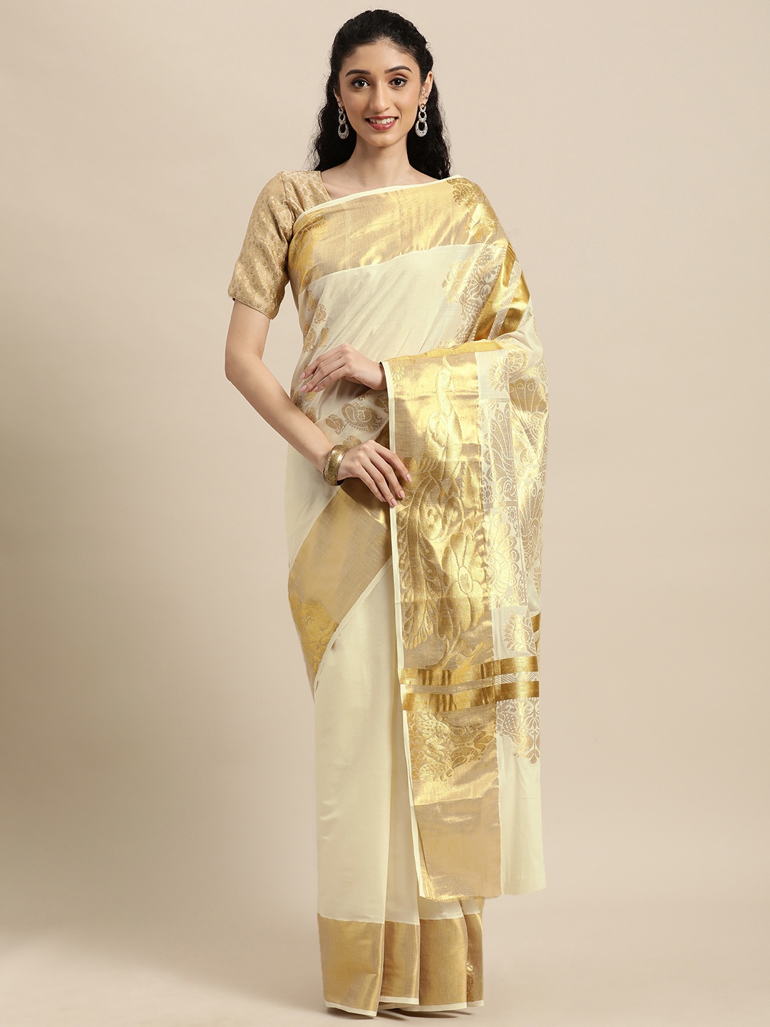 

Thara Saree Off White & Gold-Toned Woven Design Pure Cotton Kasavu Sarees