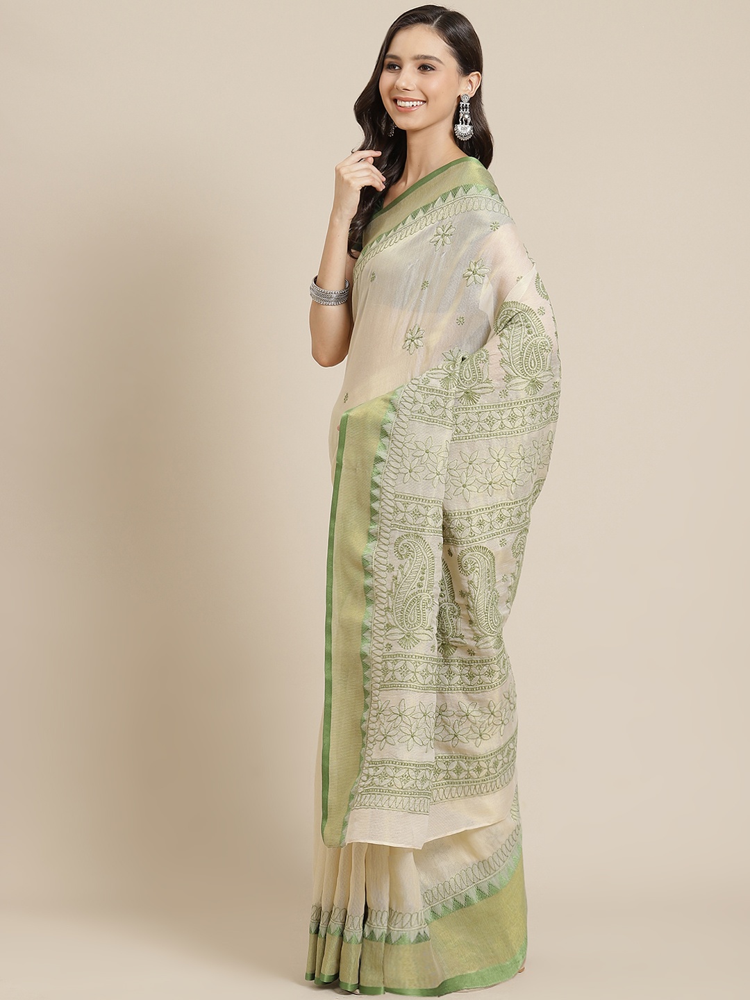 

ADA Beige & Green Sustainable Chikankari Embroidered Handloom Kota Saree