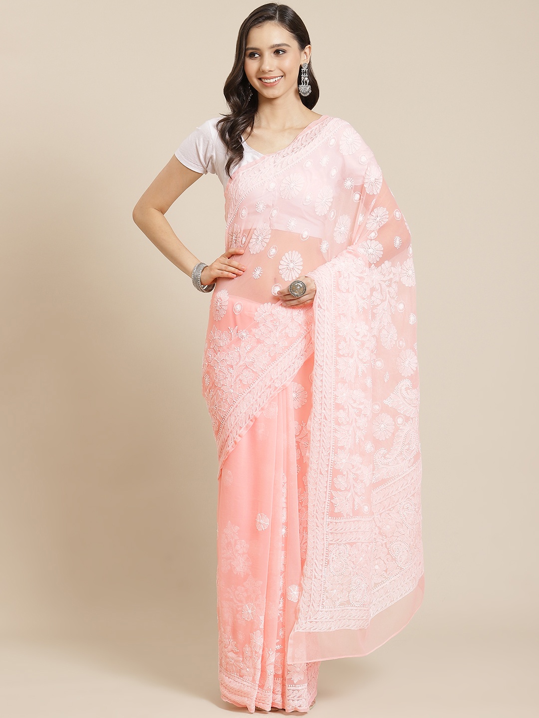 

ADA Peach-Coloured & White Sustainable Chikankari Embroidered Saree