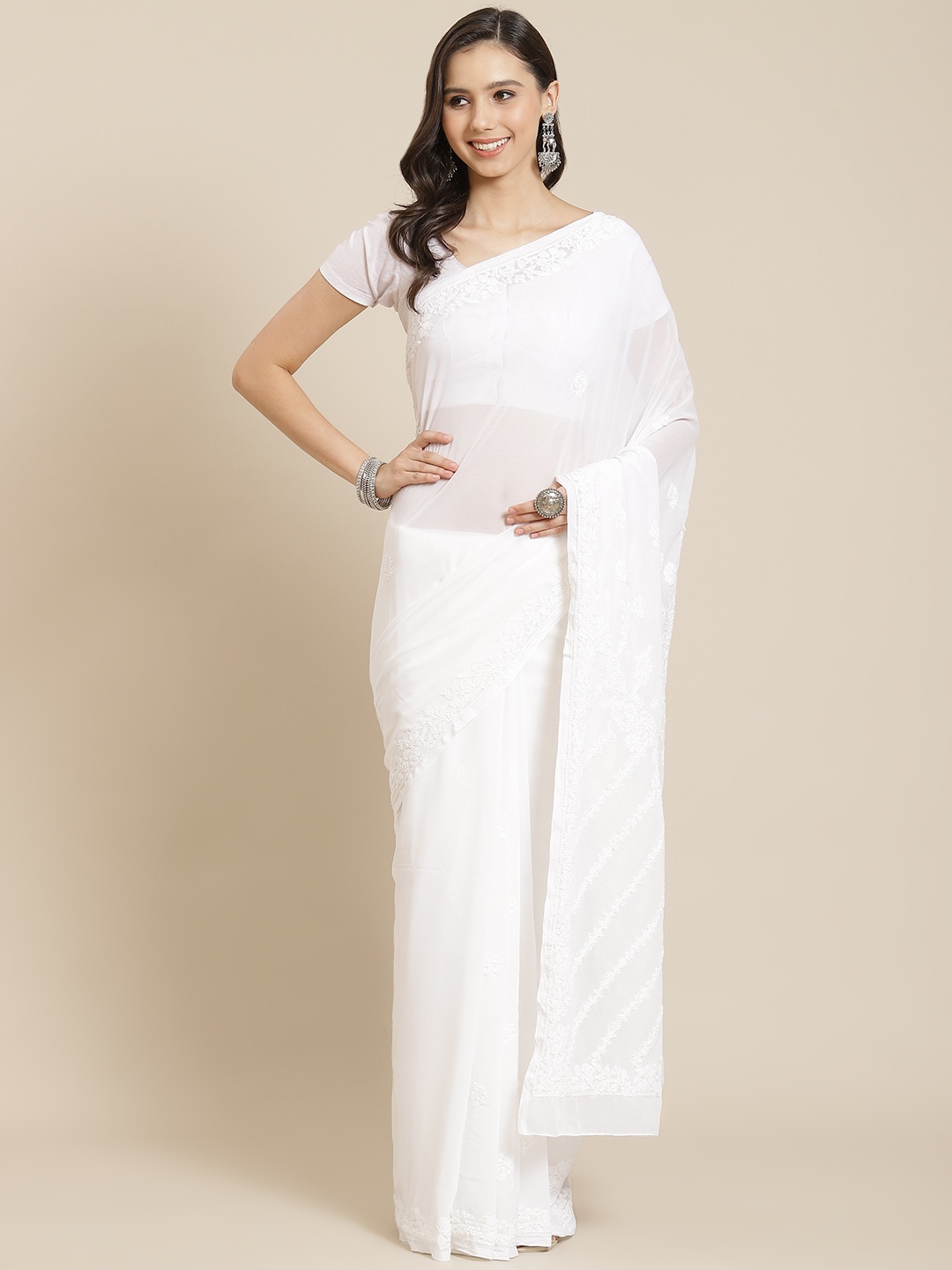 

ADA White Sustainable Chikankari Embroidered Saree